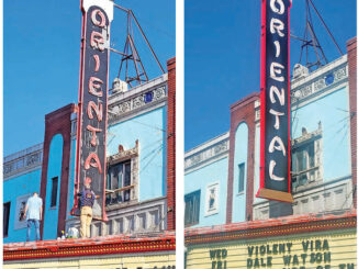 Before and after images of sign restoration at The Oriental Theater, August 2023. Photos by Glen Weseloh